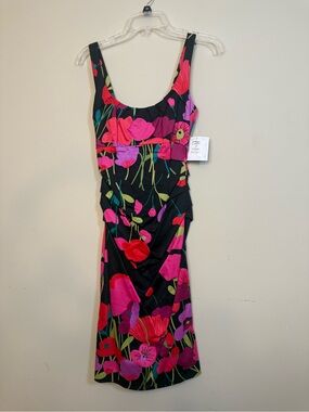 Suzi Chin Black Dress with Bright Pink & Red Floral Print